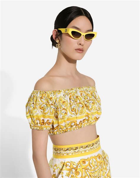 dolce gabbana lemon crop top|Cotton poplin crop top with majolica print .